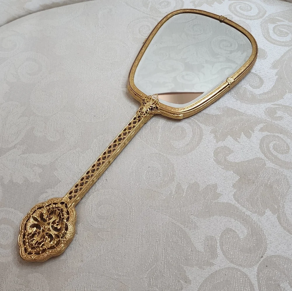 VINTAGE Gold Tone Hand Mirror Embroidered Floral Back Heavy Beveled Glass Vanity - Picture 12 of 13